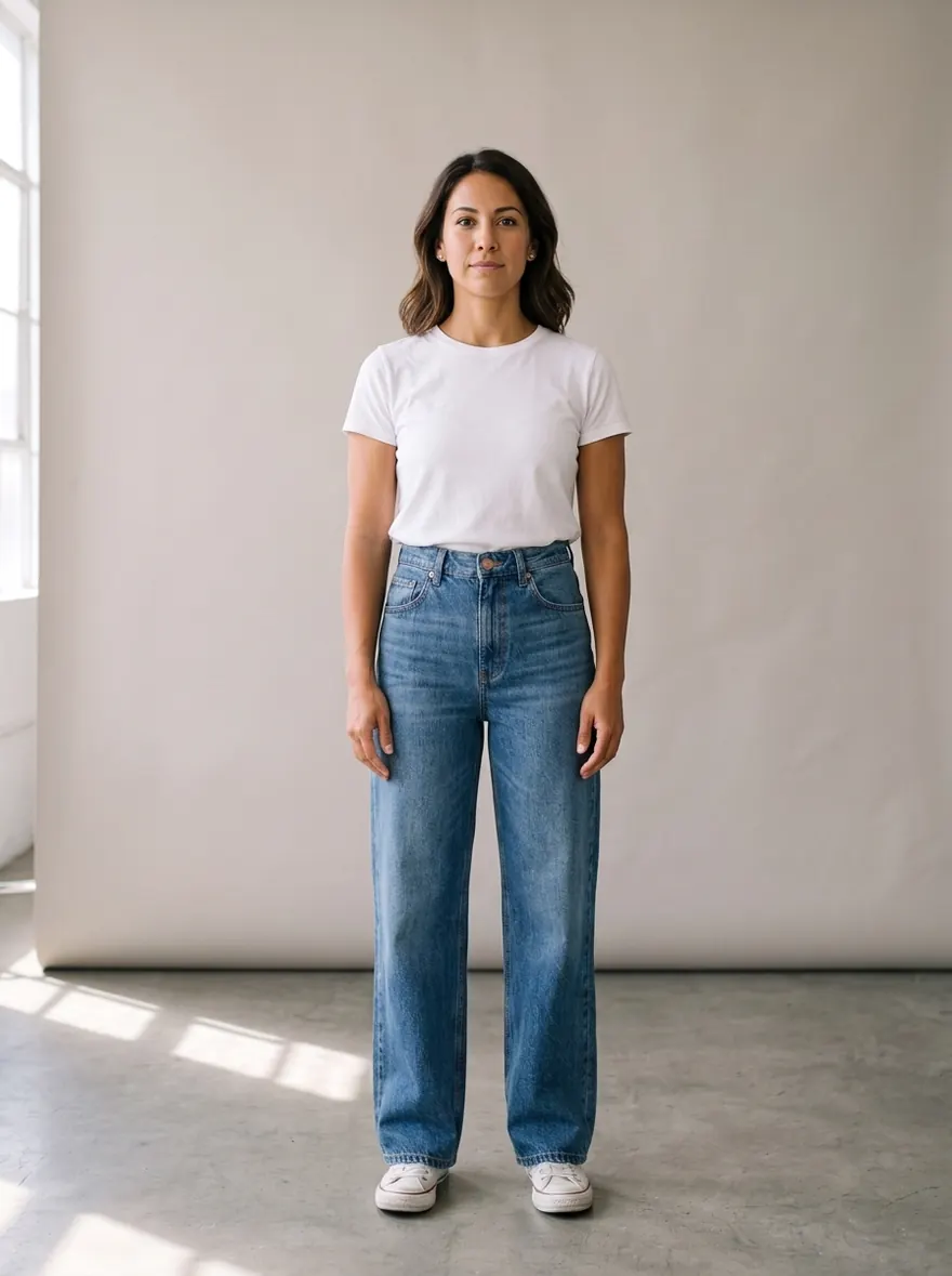 AI try-on example: the same woman in mid-blue high-rise wide-leg jeans and a white tee
