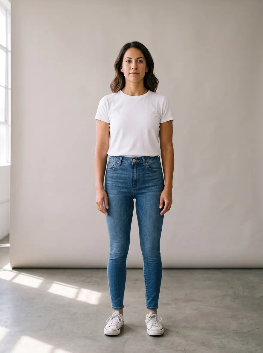 AI try-on example: woman in mid-blue high-rise skinny jeans and a white tee